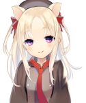  1girl 723_(tobi) animal_ears bangs beret black_jacket blonde_hair bow brown_headwear closed_mouth hair_bow hat jacket long_hair long_sleeves pig_ears red_neckwear simple_background sinoalice smile solo three_little_pigs_(sinoalice) tongue tongue_out violet_eyes white_background 
