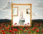  1girl artist_name bag blonde_hair brown_eyes clouds english_text field flower flower_field green_skirt looking_ahead medium_hair mountainous_horizon original own_hands_together painting_(object) picture_frame red_flower shirt shoulder_bag signature skirt sky solo_focus tofuvi white_shirt 