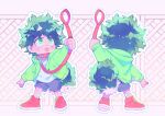  animal_ears bandaid bandaid_on_leg boku_no_hero_academia chibi child closed_mouth collar commentary crispyfrites dog_boy dog_ears dog_tail english_commentary fluffy freckles from_behind green_eyes green_fur green_hair green_jacket holding holding_leash hood hood_down hooded_jacket jacket leash long_sleeves looking_up midoriya_izuku open_clothes open_jacket pink_background red_collar red_footwear shirt shoes short_hair shorts spiked_collar spikes standing tail tongue tongue_out white_shirt younger 