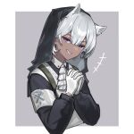  +++ 1girl animal_ears arknights armband ascot bangs border cropped_torso dark-skinned_female dark_skin eyebrows_visible_through_hair gloves grey_background grin habit horse_ears long_sleeves mabing nun official_alternate_costume outside_border own_hands_clasped own_hands_together parted_lips short_hair silver_hair simple_background smile solo tuye_(arknights) tuye_(cultivate_vegetation)_(arknights) upper_body v-shaped_eyebrows violet_eyes white_ascot white_border white_gloves 