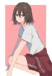  1girl bangs brown_eyes brown_hair closed_mouth clothes_around_waist gym_shirt gym_uniform hair_between_eyes jacket jacket_around_waist kantai_collection looking_at_viewer medium_hair red_shorts rinto_(rint_rnt) sendai_(kancolle) shirt short_sleeves shorts simple_background sketch solo squatting two-tone_background two_side_up 