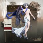  1girl artist_request back bangs bare_back bare_legs bare_shoulders black_nails blazer blue_eyes blue_scarf character_name chinese_text copyright_name cross dress earrings eyebrows_visible_through_hair flower full_body girls_frontline grey_hair gun hair_flower hair_ornament handgun happy_valentine high_heels highres holding holding_clothes holding_gun holding_jacket holding_weapon jacket jewelry legs looking_at_viewer looking_back nail_polish official_alternate_costume official_art open_mouth p22_(girls&#039;_frontline) p22_(waltz_of_fantasy)_(girls&#039;_frontline) parted_lips pistol promotional_art scarf short_hair sig_sauer_p228 silver_shoes simple_background smile solo standing teeth thighs valentine weapon wedding_dress white_dress 