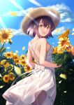  1girl :d bangs black_hair blue_sky blurry breasts brown_eyes brown_headwear clouds depth_of_field dress field flower flower_field from_behind hat highres katou_megumi light_rays looking_at_viewer looking_back open_mouth outdoors saenai_heroine_no_sodatekata short_hair sky smile solo standing straw_hat sundress sunlight teeth white_dress yabai-san yellow_flower 