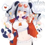  1girl :d animal_ears arknights baozi black_hair blush breasts bubble_tea character_name collarbone cowboy_shot cup disposable_cup drinking_straw feater_(arknights) feater_(gourmet)_(arknights) food grey_hair heart highres holding holding_cup jacket large_breasts long_hair midriff multicolored_hair navel official_alternate_costume open_clothes open_jacket open_mouth orange_eyes panda panda_ears pants qmo_(cloud_2fuwa) red_jacket red_shirt shirt smile solo speech_bubble spoken_heart streaked_hair teeth thick_eyebrows twintails upper_teeth white_pants 