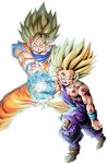  2boys beaten blonde_hair blood blood_on_clothes commentary dougi dragon_ball dragon_ball_z father_and_son fighting_stance highres kamehameha looking_at_viewer male_focus multiple_boys muscular saiyan shirt simple_background son_gohan son_goku spiky_hair super_saiyan super_saiyan_2 teeth torn_clothes white_background youngjijii 