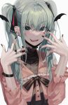  1girl bangs black_nails bow buri_(retty9349) ear_piercing earrings fangs hands_up hatsune_miku heart highres jewelry long_hair looking_at_viewer mask mouth_mask open_mouth piercing ribbon ring simple_background smile twintails vampire_(vocaloid) vocaloid white_background 