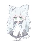  1girl animal_ear_fluff animal_ears arknights black_cloak black_footwear cat_ears cat_tail chibi cloak collarbone dress earpiece full_body green_eyes grey_hair hato_masamune highres jitome leg_strap long_hair looking_at_viewer rosmontis_(arknights) simple_background solo standing tail very_long_hair white_background white_dress 