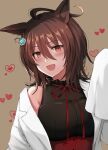  1girl :d agnes_tachyon_(umamusume) ahoge alternate_costume animal_ears black_shirt blush breasts brown_background brown_hair coat commentary_request corset earrings eyebrows_visible_through_hair hair_between_eyes heart horse_ears horse_girl jewelry labcoat large_breasts nazuka_(mikkamisaki) off_shoulder red_corset red_eyes red_ribbon ribbon shirt short_hair single_bare_shoulder single_earring sleeves_past_wrists smile solo umamusume white_coat 