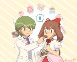  1boy 1girl alternate_costume bangs blue_eyes box brown_hair candy candy_cane chapi_sasa chocolate closed_mouth commentary_request drew_(pokemon) eyebrows_visible_through_hair flower food gift green_eyes green_hair grey_vest hair_ribbon heart-shaped_box hetero holding holding_chocolate holding_flower holding_food holding_gift jacket korean_commentary long_sleeves may_(pokemon) medium_hair necktie pants pink_skirt pokemon pokemon_(anime) pokemon_rse_(anime) purple_necktie red_flower ribbon shirt short_hair skirt smile spoken_sweatdrop strawberry_slice sweatdrop vest white_jacket white_pants white_shirt 