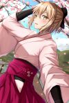  1girl absurdres arm_guards black_bow blonde_hair blue_sky bow branch cherry_blossoms day fate/grand_order fate_(series) hair_bow hakama half_updo highres hip_vent japanese_clothes kimono okita_souji_(fate) okita_souji_(koha-ace) outdoors pink_kimono red_hakama sky solo toukan wide_sleeves yellow_eyes 