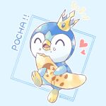  ^_^ banana blue_background character_print closed_eyes commentary_request crown eating food food_on_face framed fruit happy heart highres holding kotone11152 mini_crown no_humans open_mouth piplup pokemon pokemon_(creature) smile solo tongue twitter_username 