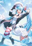  1girl aqua_eyes aqua_hair bangs blush boots buttons coat colored_tips curly_hair double-breasted dutch_angle fur_trim gloves gradient_hair hat hatsune_miku high_heels holding holding_clothes holding_hat multicolored_hair nanase_(nns_6077) open_mouth project_sekai sky smile snow standing standing_on_one_leg striped striped_legwear swept_bangs thigh-highs vocaloid white_hair yuki_miku yuki_miku_(2022) 