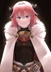  1boy ass astolfo_(fate) bangs blush bow braid cape cloak eyebrows_visible_through_hair fate/apocrypha fate/grand_order fate_(series) fur-trimmed_cloak fur_collar fur_trim hair_bow hair_intakes hair_ribbon highres long_braid long_hair long_sleeves looking_at_viewer male_focus multicolored_hair otoko_no_ko pink_hair red_cape ribbon smile solo upper_body violet_eyes 