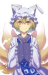  1girl animal_ears bangs blonde_hair blue_tabard blush brooch closed_mouth dress eyebrows_visible_through_hair eyelashes fox_ears fox_tail frills hair_between_eyes hands_in_opposite_sleeves hat highres jewelry long_sleeves looking_at_viewer multiple_tails nayozane_(worker7) one-hour_drawing_challenge pillow_hat ruby_(gemstone) short_hair simple_background smile solo standing tabard tail tassel touhou white_background white_dress wide_sleeves yakumo_ran yellow_eyes 