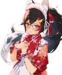  animal_ear_fluff animal_ears apron bangs black-framed_eyewear black_collar black_hair collar cowboy_shot flipped_hair floral_print glasses hair_between_eyes hair_ornament hair_ribbon hairclip high_ponytail hololive izumi_sai japanese_clothes kimono long_hair maid_headdress multicolored_hair ookami_mio ponytail print_kimono red_kimono redhead ribbon round_eyewear simple_background sleeves_rolled_up spiky_hair streaked_hair very_long_hair virtual_youtuber wa_maid waist_apron white_apron white_background white_hair wolf_ears wolf_girl wrist_cuffs yellow_eyes 