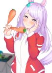  1girl :t animal_ears blurry blurry_background blush box cardboard_box carrot closed_mouth commentary_request depth_of_field ear_ribbon eating etan14 food green_ribbon hands_up highres holding holding_food horse_ears horse_girl horse_tail jacket long_hair long_sleeves mejiro_mcqueen_(umamusume) purple_hair red_jacket ribbon simple_background sleeves_past_wrists solo tail track_jacket umamusume violet_eyes wavy_mouth white_background 