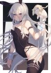  1girl animal_ears arm_support bare_shoulders black_choker black_legwear black_leotard blue_eyes breasts choker closed_mouth commentary cowboy_shot fake_animal_ears fake_tail from_side grey_hair hair_between_eyes ia_(vocaloid) leotard light_frown long_hair looking_at_viewer playboy_bunny rabbit rabbit_ears rabbit_tail small_breasts solo standing strapless strapless_leotard tail thigh-highs very_long_hair vocaloid voiceroid wrist_cuffs zoruboi 