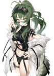1girl adjusting_eyewear antenna_hair arknights black_swimsuit breasts cowboy_shot crocodilian_tail eyebrows_visible_through_hair gavial_(arknights) green_hair hair_between_eyes hand_on_eyewear hand_on_hip highres jacket long_hair looking_at_viewer medium_breasts navel nishitaka official_alternate_costume official_art open_clothes open_jacket pointy_ears ponytail sidelocks simple_background smile solo sunglasses swimsuit tail under_boob visor wading white_background white_jacket yellow_eyes