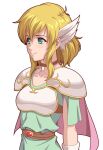  1girl armor bangs belt blonde_hair breastplate brown_belt brown_choker cape choker commentary dress fire_emblem fire_emblem:_thracia_776 green_dress green_eyes hair_between_eyes hair_ornament ibushi_(oath) nanna_(fire_emblem) pauldrons pink_cape short_hair short_sleeves shoulder_armor simple_background smile solo upper_body white_background 