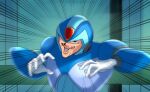  1boy a_(user_enkr4882) android armor black_eyes creepy_chin_joey_wheeler emphasis_lines gloves helmet highres looking_at_viewer male_focus mega_man_(series) mega_man_x_(character) mega_man_x_(series) open_mouth parody smile solo white_gloves yu-gi-oh! yu-gi-oh!_duel_monsters 