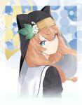  1girl animal_ear_headwear bangs blue_archive blue_background blue_eyes from_behind grin habit halo highres long_hair looking_at_viewer mari_(blue_archive) mrmymln nun orange_hair sailor_collar simple_background smile solo upper_body white_background white_sailor_collar wind 
