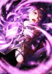  1girl absurdres ahoge armor belt breastplate energy fingerless_gloves gloves glowing glowing_sword glowing_weapon hairband highres long_hair oboro_neko open_mouth purple_hair red_eyes red_hairband shouting solo sword sword_art_online weapon yuuki_(sao) 