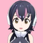  1girl black_eyes black_gloves black_hair gloves humboldt_penguin_(kemono_friends) kemono_friends kemono_friends_v_project looking_at_viewer official_art open_mouth shirt short_hair simple_background skirt smile solo tail virtual_youtuber white_shirt 