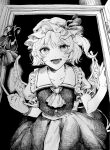  1girl :d absurdres ascot bangs collarbone cowboy_shot crystal doorway eyebrows_visible_through_hair fang flandre_scarlet frilled_shirt_collar frills greyscale hands_up hat hat_ribbon highres holding holding_polearm holding_weapon laevatein_(touhou) laspberry. looking_at_viewer lower_teeth mob_cap monochrome one_side_up polearm ribbon short_hair skirt smile solo teeth touhou vest weapon wings 