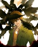  1boy :d absurdres bangs bird brown_eyes brown_hair crow green_jacket hair_over_one_eye highres jacket jewelry key laoyepo long_sleeves looking_at_viewer luke_pearce_(tears_of_themis) necklace open_mouth shirt short_hair simple_background smile solo tears_of_themis white_background yellow_shirt 