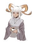  1girl animal_ears arknights black_jacket carnelian_(arknights) coffee_mug cropped_torso cup eyebrows_visible_through_hair goat_ears goat_girl goat_horns grey_hair grey_sweater highres holding holding_cup horns jacket mizuha_rei mug open_clothes open_jacket red_eyes short_hair simple_background solo sweater white_background 