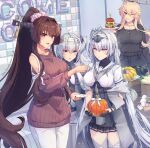  4girls alternate_costume bangs black_pants black_skirt black_sweater blonde_hair blue_eyes bodysuit breasts brown_hair brown_sweater burger cherry_blossoms clothes_writing clothing_cutout flower food fuyutsuki_(kancolle) grey_eyes grey_neckerchief hachimaki hair_between_eyes hair_flower hair_intakes hair_ornament hand_up headband headgear high_ponytail highres himeyamato holding holding_food holding_plate holding_pumpkin holding_vegetable iowa_(kancolle) kantai_collection large_breasts long_hair long_sleeves medium_breasts microskirt multiple_girls neckerchief off_shoulder one_side_up pants plate pleated_skirt pumpkin red_eyes sailor_collar school_uniform serafuku shoulder_cutout sidelocks silver_hair skirt star-shaped_pupils star_(symbol) suzutsuki_(kancolle) sweater symbol-shaped_pupils thigh-highs vegetable very_long_hair white_bodysuit white_headband white_legwear white_pants white_sailor_collar yamato_(kancolle) 