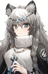  1girl animal_ear_fluff animal_ears antenna_hair arknights bell black_jacket blush braid grey_background grey_eyes grey_hair grey_shirt hand_up highres holding holding_bell jacket leopard_ears long_hair looking_at_viewer pramanix_(arknights) raw_egg_lent shirt side_braids simple_background solo tiara turtleneck upper_body 