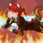 1girl \||/ absurdres animal_ear_fluff animal_ears ass bangs black_bow black_dress blue_fire blunt_bangs blurry blurry_background blush bow braid cat_ears cat_tail closed_mouth dress extra_ears eyebrows_visible_through_hair fire flaming_skull floating_skull hair_bow hair_ribbon hand_on_own_cheek hand_on_own_face hand_up head_rest highres hitodama indoors juliet_sleeves kaenbyou_rin light_smile long_hair long_sleeves lying multiple_tails nail_polish nekomata on_stomach petticoat profile puffy_sleeves red_eyes red_nails redhead ribbon solo tail touhou tress_ribbon twin_braids twintails two_tails very_long_hair zelo_(kmtf3322) 