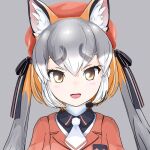  1girl animal_ears gloves island_fox_(kemono_friends) kemono_friends kemono_friends_v_project long_hair looking_at_viewer necktie official_art open_mouth school_uniform shirt silver_hair simple_background skirt smile solo tail twintails virtual_youtuber 
