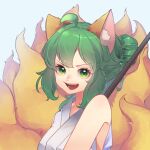  1girl :d animal_ears bare_shoulders blue_background fangs fox_ears fox_girl fox_tail green_eyes green_hair hair_bun highres holding holding_stick japanese_clothes kitsune kuromori_o kyuubi looking_at_viewer medium_hair miko multiple_tails open_mouth original shirt sleeveless smile stick tail upper_body v-shaped_eyebrows white_shirt 