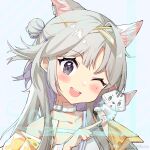  1girl :o ;d a_huan_huan_huan_huan animal animal_ear_fluff animal_ears animal_on_shoulder bangs blush cat collarbone copyright_request dress eyebrows_visible_through_hair grey_eyes grey_hair hair_bun head_tilt highres long_hair mole mole_under_eye multicolored_hair one_eye_closed parted_lips purple_hair side_bun smile solo streaked_hair two-tone_hair upper_body v-shaped_eyebrows white_cat white_dress 