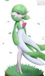  1girl absurdres arms_at_sides artist_name bangs blush bob_cut colored_skin commentary english_commentary enrique849 eyebrows_visible_through_hair flat_chest full_body gardevoir grass green_hair green_skin hair_over_one_eye highres leaves_in_wind light_blush looking_at_viewer multicolored_skin nose_blush one_eye_covered open_mouth outdoors pokemon pokemon_(creature) red_eyes short_hair simple_background solo standing two-tone_skin watermark white_background white_skin wind 