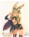  1girl absurdres aidenr0 animal_ears asymmetrical_bangs bangs blonde_hair bodystocking breast_cutout breasts bridal_gauntlets cape circlet covered_navel determined fire_emblem fire_emblem_fates grey_eyes highres long_hair looking_at_viewer medium_breasts open_mouth ophelia_(fire_emblem) pantyhose rabbit_ears solo teabag thigh-highs turtleneck upper_body v 