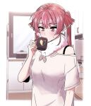  1girl alternate_costume arrow_through_heart blush borrowed_garments breasts cabinet casual coffee_cup commentary cup disposable_cup don-chan_(usada_pekora) fur_scarf hair_ribbon heterochromia highres holding holding_cup hololive houshou_marine jangmaseason kitchen long_hair looking_down medium_breasts off-shoulder_shirt off_shoulder orange_eyes red_eyes red_ribbon redhead ribbon rice_cooker shirt short_sleeves solo steam sweatdrop twintails upper_body virtual_youtuber white_shirt window 