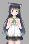  1girl absurdres animal_ear_fluff animal_ears black_hair blush bow cat_ears cat_girl cat_tail cowboy_shot dress fang flat_chest green_bow green_eyes green_ribbon grey_background hair_bow hands_up highres koucha_(edo_krisna_5) long_hair looking_at_viewer open_mouth original paw_pose ribbon shiny shiny_hair simple_background sleeveless sleeveless_dress smile solo standing tail white_dress 