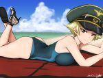  1girl beach blonde_hair blue_sky blue_swimsuit breasts brown_eyes bukkuri clouds competition_swimsuit day erwin_(girls_und_panzer) girls_und_panzer goggles goggles_on_headwear green_headwear hat high_heels large_breasts lying military_hat ocean on_stomach one-piece_swimsuit outdoors peaked_cap pointy_hair sandals short_hair sky smile solo swimsuit the_pose 