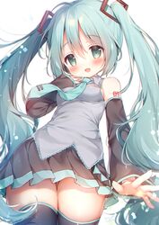  1girl black_legwear black_skirt black_sleeves detached_sleeves green_eyes green_hair green_neckwear grey_shirt hand_on_own_chest hatsune_miku highres long_hair miniskirt momozu_komamochi necktie open_mouth pleated_skirt ribbon shirt skirt smile solo thigh-highs thighs twintails very_long_hair vocaloid zettai_ryouiki 