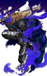  1boy absurdres armor blaidd_the_half-wolf blue_cape cape elden_ring fur_cape furry furry_male gauntlets greatsword greaves highres holding holding_sword holding_weapon huge_weapon looking_at_viewer male_focus over_shoulder plate_armor sgkg108 solo squatting sword weapon weapon_over_shoulder white_background wolf_boy 
