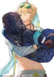  absurdres animal_ears arknights blonde_hair blue_eyes carrying carrying_under_arm doctor_(arknights) eyewear_on_head highres holding open_clothes open_mouth tequila_(arknights) topless_male 