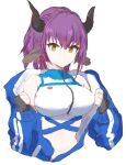  1girl animal_ears arknights bangs bare_shoulders black_gloves blue_jacket breasts brown_eyes commentary_request eyebrows_visible_through_hair fingerless_gloves gloves highres horns jacket large_breasts long_sleeves looking_at_viewer navel off_shoulder open_clothes open_jacket purple_hair rar_(notprinz_sub) short_hair sideroca_(arknights) sideroca_(light_breeze)_(arknights) simple_background smile solo stomach upper_body white_background 