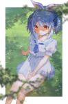  1girl absurdres alternate_hair_length alternate_hairstyle animal_ears bare_legs blurry blurry_foreground border branch choker closed_mouth collarbone commentary cowboy_shot feet_out_of_frame grass highres hololive looking_at_viewer oekakikei outdoors puffy_short_sleeves puffy_sleeves rabbit_ears rabbit_girl red_eyes shaded_face short_sleeves short_twintails sitting smile solo spread_legs thick_eyebrows thighs tree twintails usada_pekora virtual_youtuber white_border white_choker 