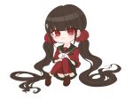  1girl ass bangs black_sailor_collar black_skirt blush bow bowtie brown_footwear chibi closed_mouth danganronpa_(series) danganronpa_v3:_killing_harmony eyebrows_visible_through_hair grey_background hair_ornament hairclip harukawa_maki highres long_hair looking_at_viewer low_twintails mole mole_under_eye peporon_(peporon_2828) pleated_skirt red_eyes red_legwear red_shirt sailor_collar shirt shoes simple_background sitting skirt solo twintails white_bow white_bowtie 