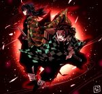  2boys black_hair drawing_sword fighting_stance hair_slicked_back highres holding holding_sword holding_weapon japanese_clothes kamado_tanjirou kimetsu_no_yaiba male_focus multiple_boys official_style open_mouth sword tomioka_giyuu weapon yuyu_hamu86 