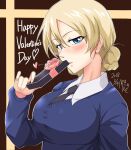  1girl artist_name bangs black_necktie blonde_hair blue_eyes blue_sweater blush box braid commentary_request darjeeling_(girls_und_panzer) dated dress_shirt english_text gift gift_box girls_und_panzer half-closed_eyes happy_valentine heart holding holding_gift long_sleeves looking_at_viewer mice_(sake_nomitai) necktie parted_lips school_uniform shirt signature smile solo st._gloriana&#039;s_school_uniform sweater tied_hair twin_braids upper_body v-neck valentine white_shirt wing_collar 