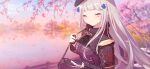  1girl alithea_jane bag black_gloves blush breasts character_name cherry_blossoms closed_eyes copyright_name cross dated_commentary day fence girls_frontline gloves grin handbag handle hat highres hk416_(girls&#039;_frontline) iron_cross jacket lake long_hair medium_breasts outdoors silver_hair smile solo teardrop_tattoo tree upper_body water white_gloves 